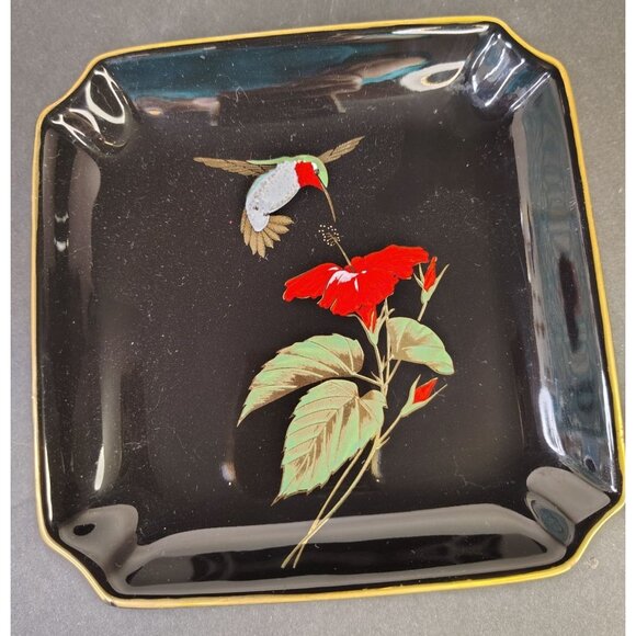 Vintage Otagiri Black Trinket Dish, Hummingbird Hibiscus Ceramic Tropical Kitsch - Picture 1 of 3